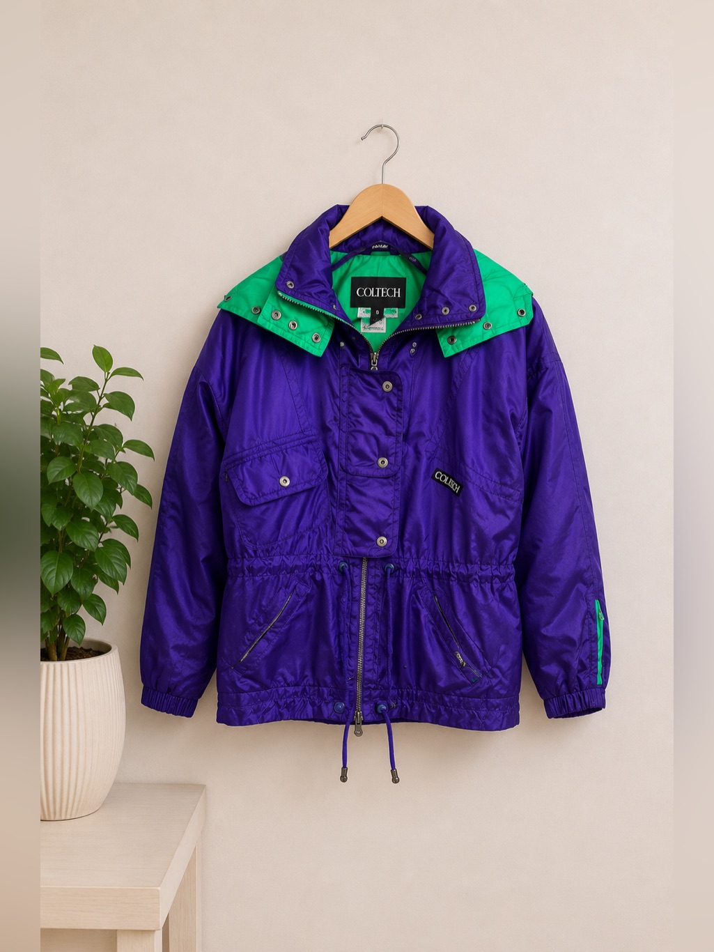 Vintage Coltech Purple Neon Green Ski Jacket Sz 8 Hooded Colorblock Winter Coat